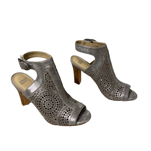 Johnston & Murphy Metallic Gray Caged Ankle Strap Open Toe Heels Women Sz 7 - Picture 2 of 9